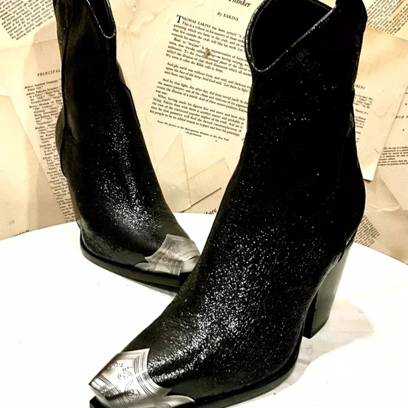 Free People Brayden Western Boot Metallic Black Leather Pewter Etched Tip Zip - Picture 3 of 10